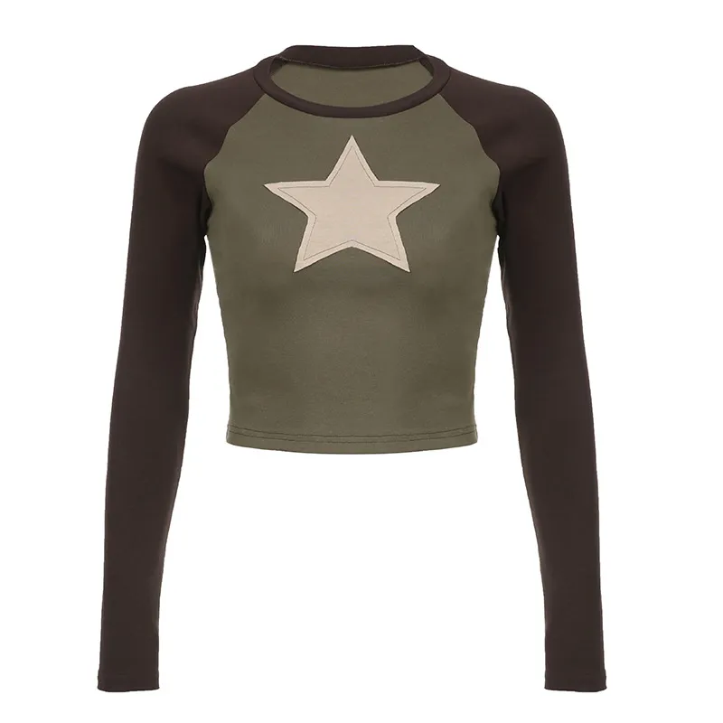 Contrast Color Five-pointed Star Affixed Cloth Embroidered Raglan Sleeve T-shirt - Green