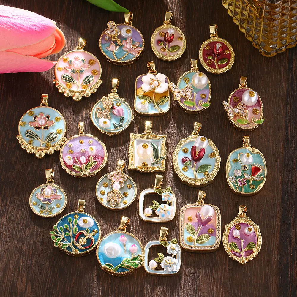 Floral-Painted Dripped-Glaze Universal-Clip Necklace DIY Pendant