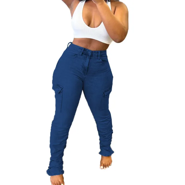 Stand Pleating Side Pocket Fashion Personality Low Waist High Elastic Jeans Dark Blue - Shop at LoveMi