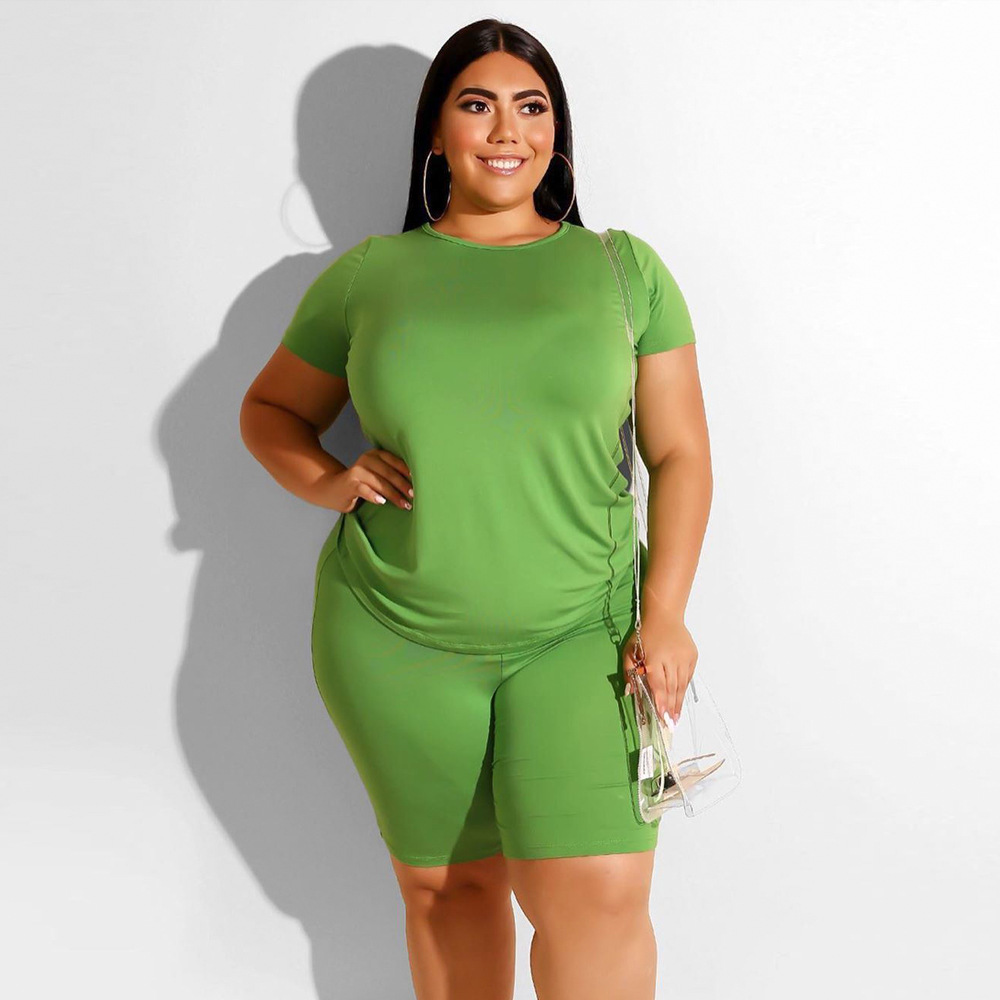 Plus Size Women's Casual Solid Color Round Neck T shirt Shorts Set 6 Green - Shop at LoveMi