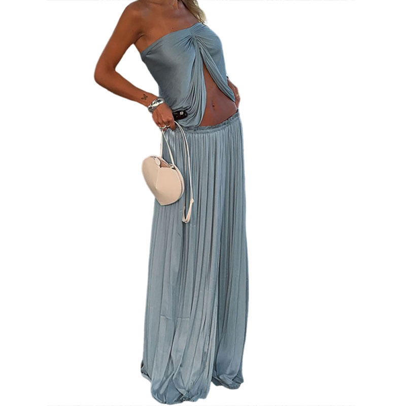 Sexy Vacation Style Tube Top Cropped Tank Top Loose Skirt Suit