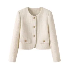 French Style Retro Crew Neck Coat For Women - White With Lining - View 1