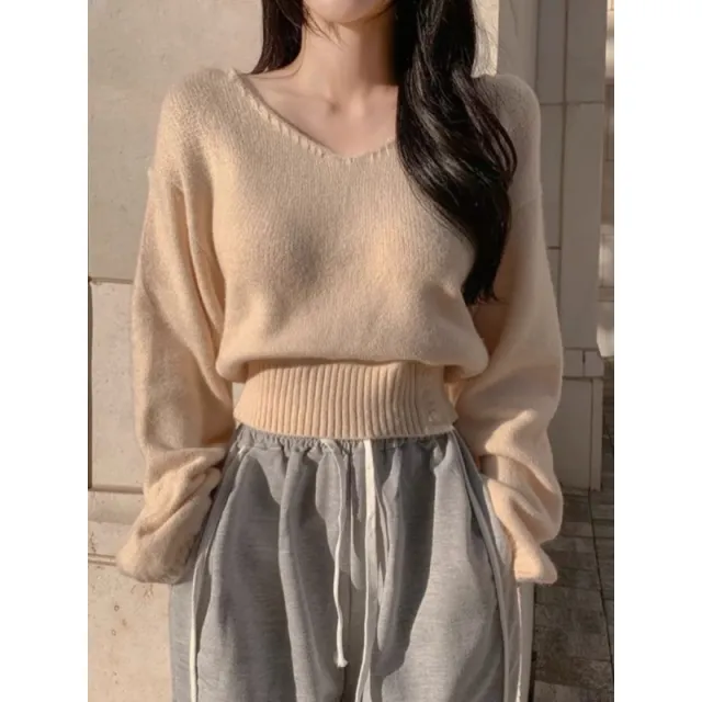 Solid Color And V neck Side Buckle Waist Slimming Versatile Spring Top Beige - Shop at LoveMi