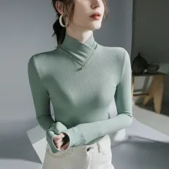 Cross Turtleneck Long Sleeve Slim Bottoming Shirt For Women - Sea Blue - View 1
