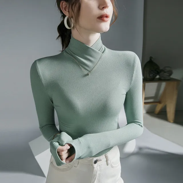 Cross Turtleneck Long Sleeve Slim Bottoming Shirt For Women Sea Blue - Shop at LoveMi