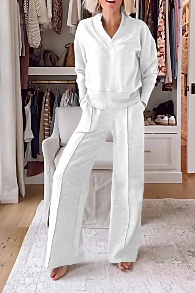 Women's V neck Long Sleeve Loose Top Two piece Set White - Shop at LoveMi