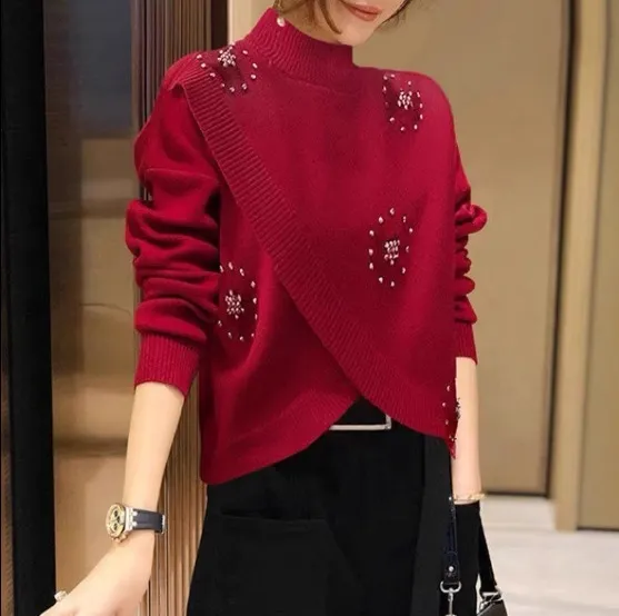 Women's Long sleeved Sweater Fall Winter Fashion Half Turtleneck Loose All matching Sweater Red - Shop at LoveMi