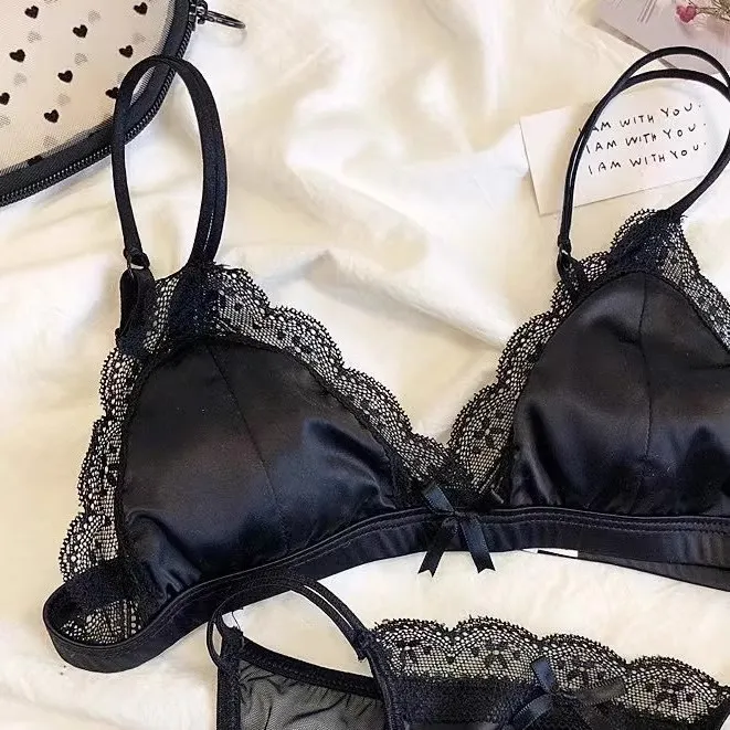 Women's French Lace Wireless Underwear Suit - Black Bra