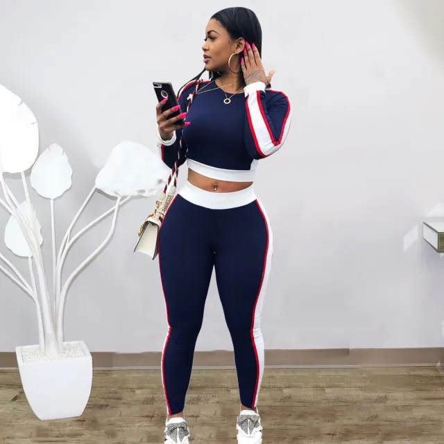 Fashion Casual Contrast Color Two piece Set Autumn And Winter Sports Sweater Suit Dark Blue - Shop at LoveMi