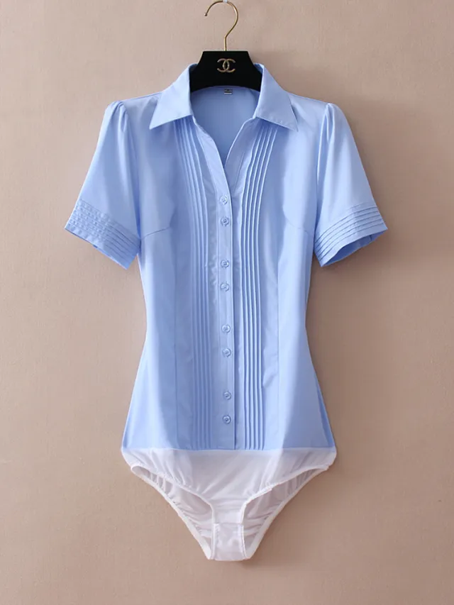 Women's Business Commute Professional One piece Cotton Shirt Short Sleeve Blue Siamese - Shop at LoveMi