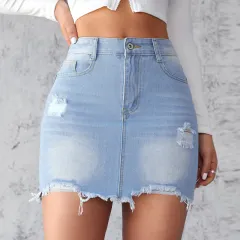 Slim-fit Ripped Denim Skirt For Women - Light Blue - View 1
