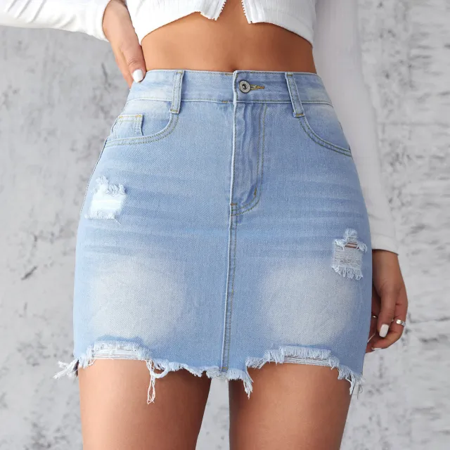 Slim fit Ripped Denim Skirt For Women Light Blue - Shop at LoveMi