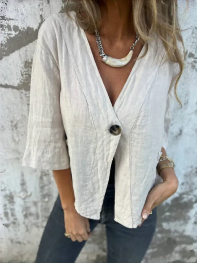 Casual Women's V neck Cotton And Linen Solid Color ShirtT shirt Beige - Shop at LoveMi