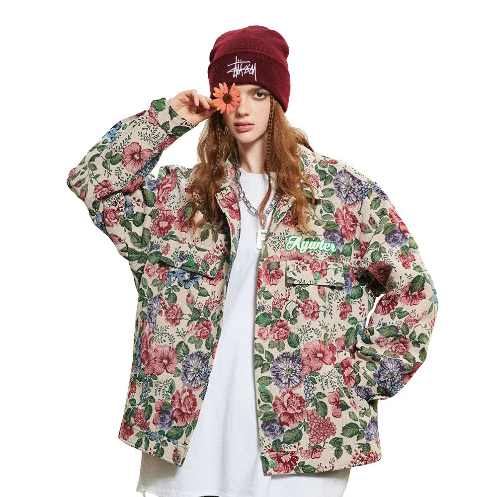 American Retro Full Printed Yarn-dyed Floral Jacket Baggy Coat - Color