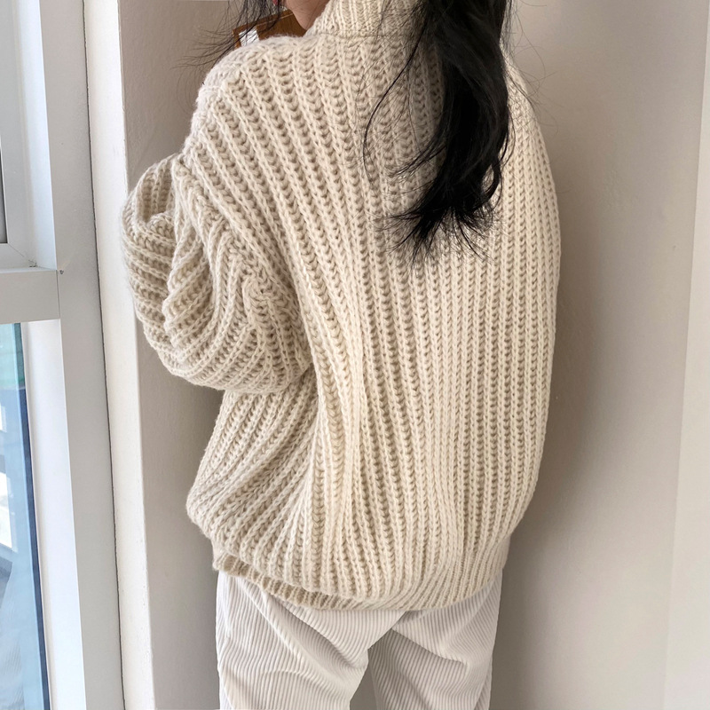 Retro Lazy Style Solid Color Pullover Round Neck Loose Thick Needle Sweater