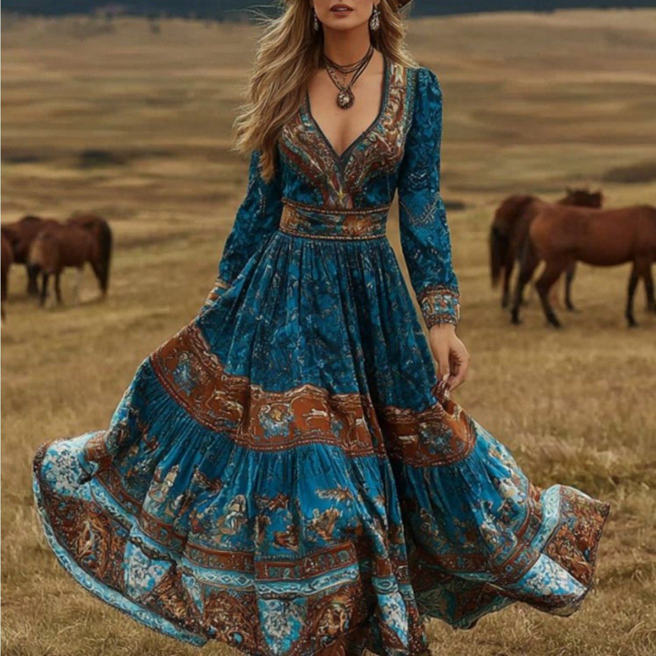 Bohemian-style Long-sleeve Maxi Dress With A Flowy Silhouette And A Vibrant Print