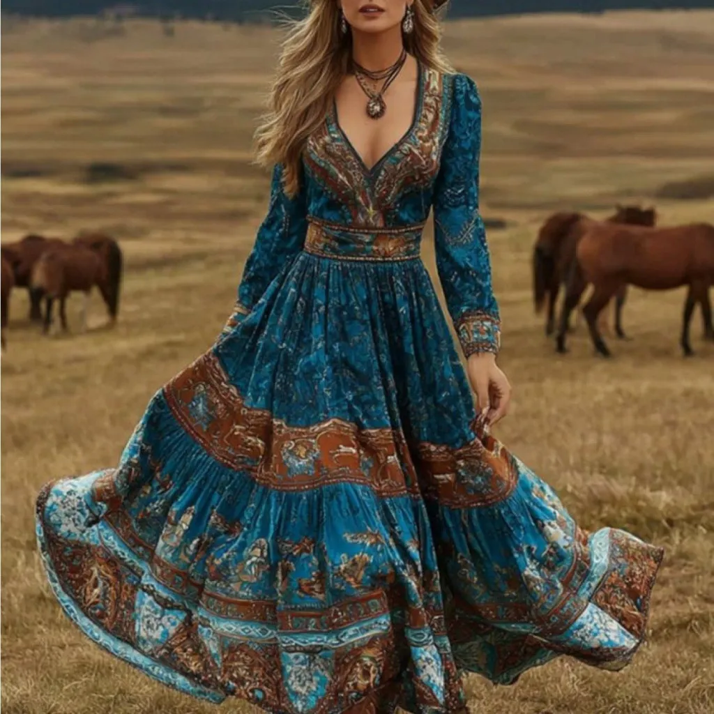 Bohemian-style Long-sleeve Maxi Dress With A Flowy Silhouette And A Vibrant Print - Style 1-5Xl