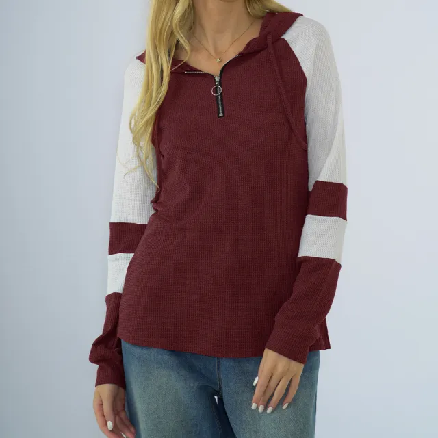 Long Sleeve Hooded Zipper Multicolor Hoodie Loose Women Wine Red - Shop at LoveMi