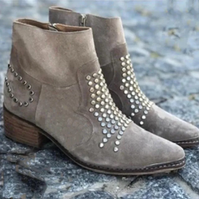 Retro Side Zipper Thick Heel Sequined Rhinestone Large Size Women's Ankle Boots - Gray