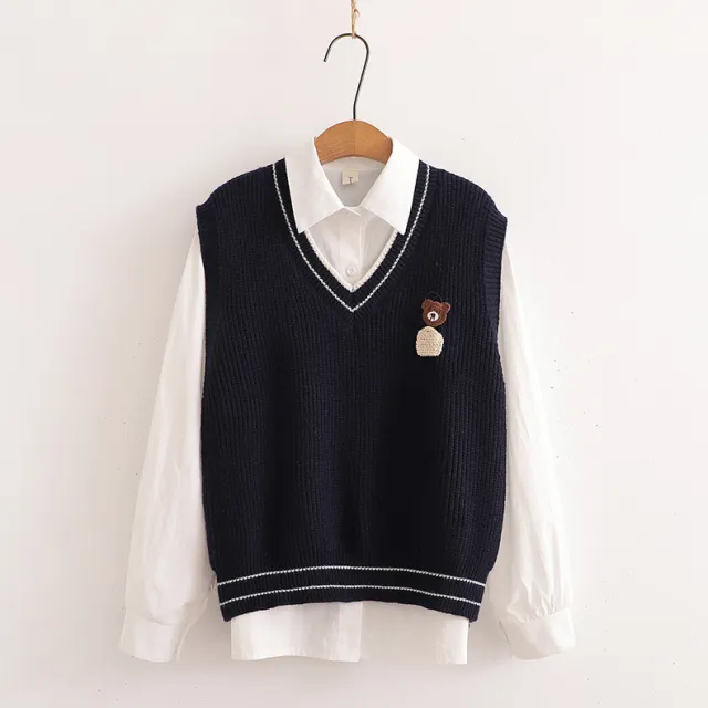 Navy Style Embroidered Bear Women's Long Sleeve Cardigan Shirt Sweater Suit Navy Blue - Shop at LoveMi