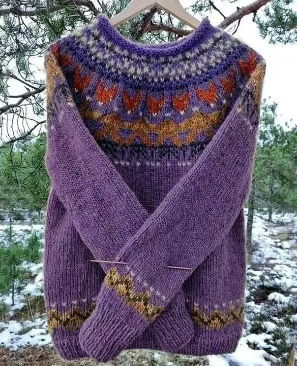 Women's Round Neck Multicolor Loose Fashion Pullover Sweater Purple - Shop at LoveMi