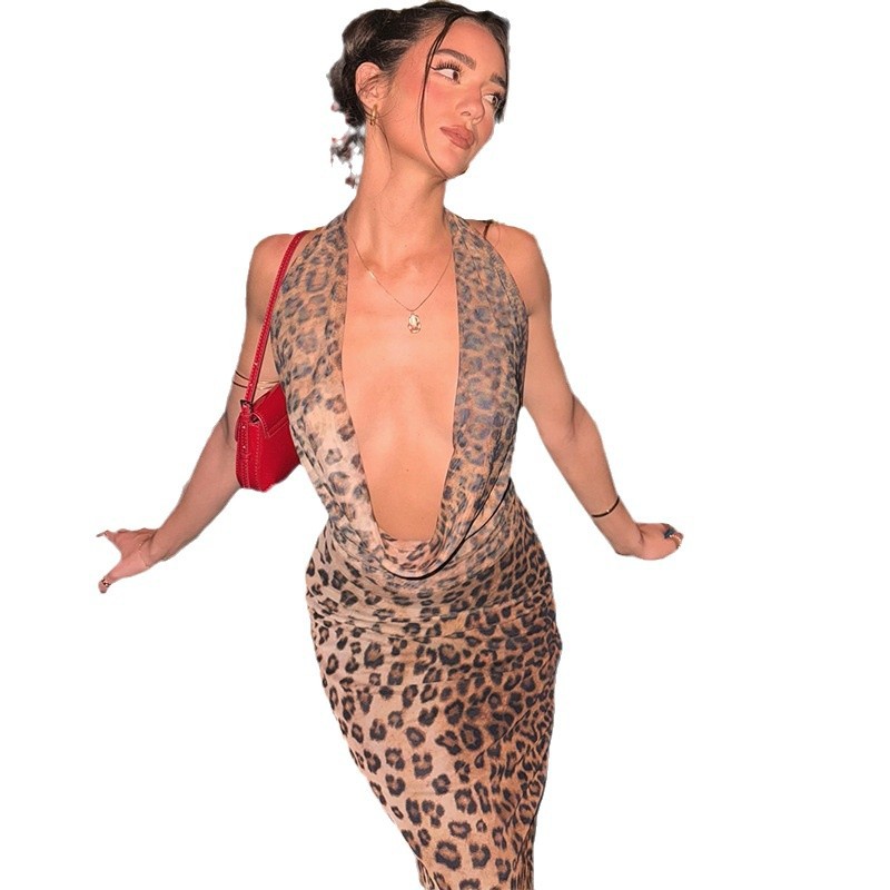 Sexy Halter Dress Leopard Print Chest Wrap Swing Collar Sleeveless
