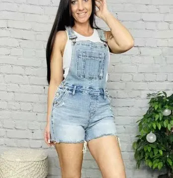 European And American Fashion Pocket High Waist Shorts Denim Suspender Pants Light Blue - Shop at LoveMi