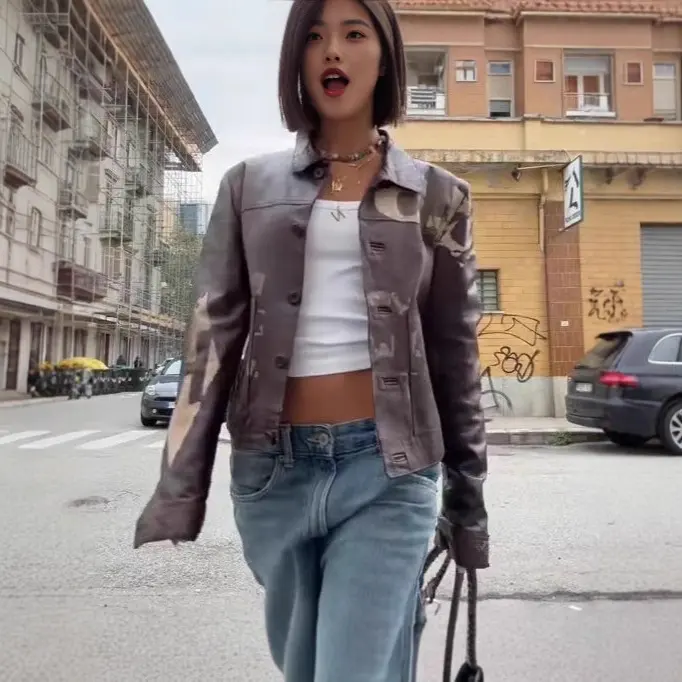 Fashionable Minimalist Versatile Printed Leather Short Jacket with Long