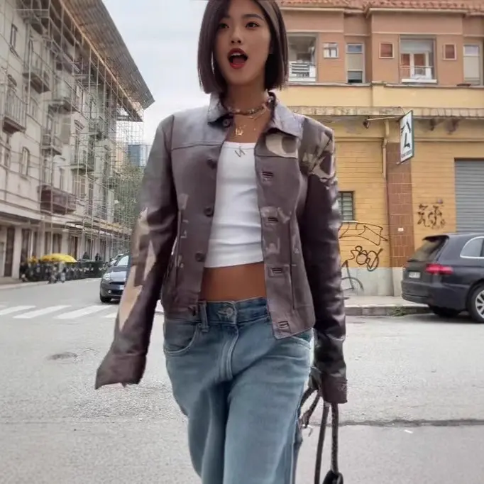 Fashionable Minimalist Versatile Printed Leather Short Jacket
