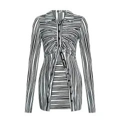 Deep V-neck Striped Single-breasted Shirt And Skirt Two-piece Set - Black - View 1