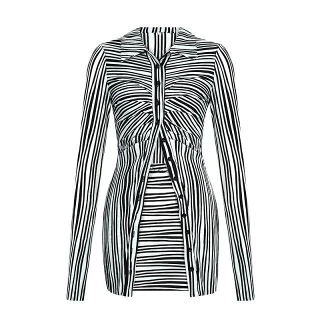 Deep V neck Striped Single breasted Shirt And Skirt Two piece Set Black - Shop at LoveMi