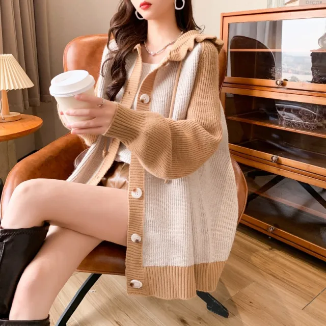 Western Style Wooden Ear Hooded Cardigan Sweater Khaki - Shop at LoveMi