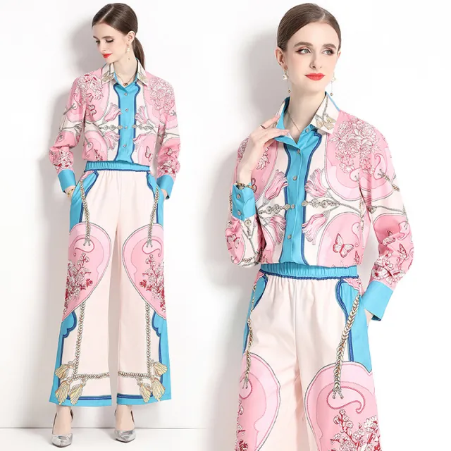 European And American Court Vintage Printed Shirt Wide Leg Trousers Suit Pink - Shop at LoveMi