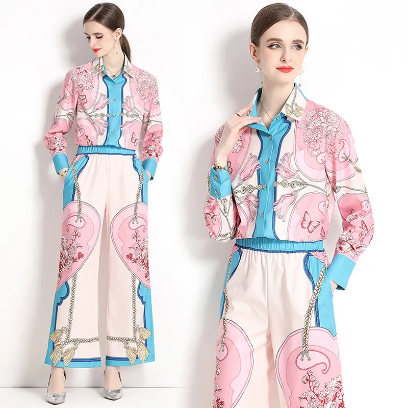 European And American Court Vintage Printed Shirt Wide Leg Trousers Suit - Pink