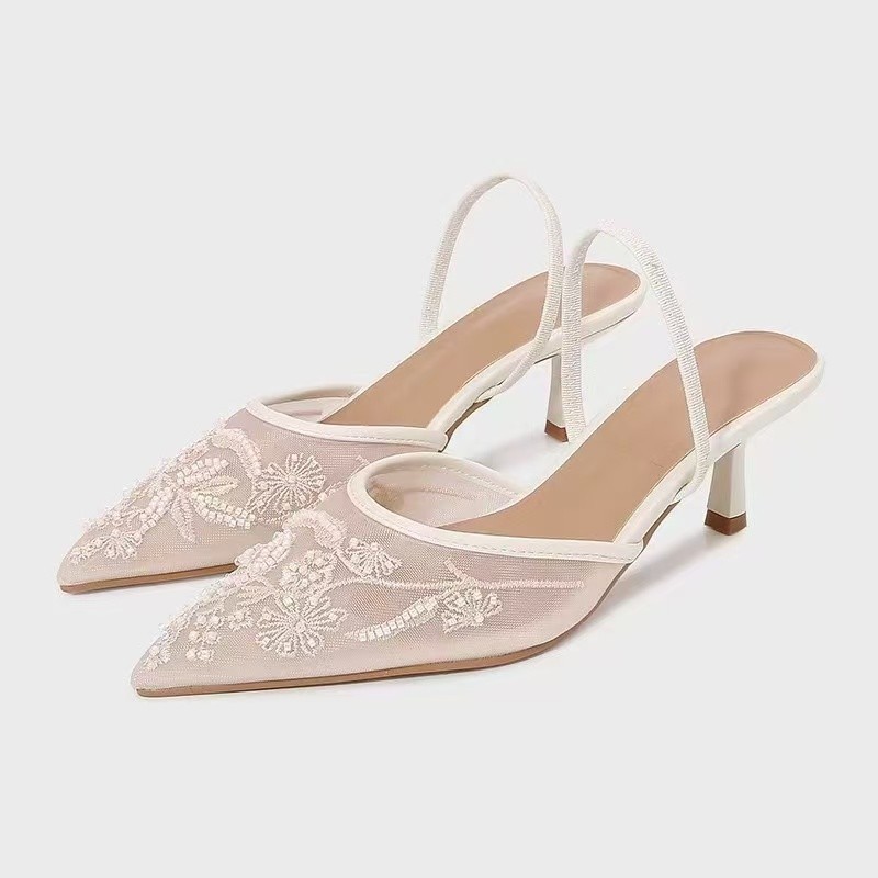 Solid-color Embroidered Mesh Stiletto Mules