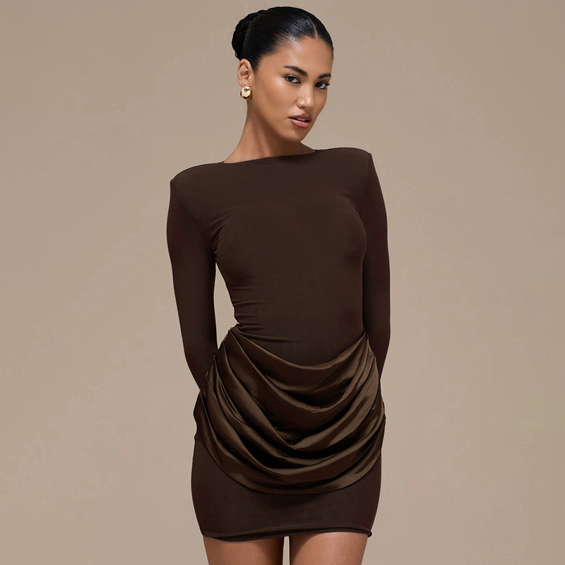 Casual Slim fit Crew neck Long sleeve Ruched Mini Dress Brown - Shop at LoveMi