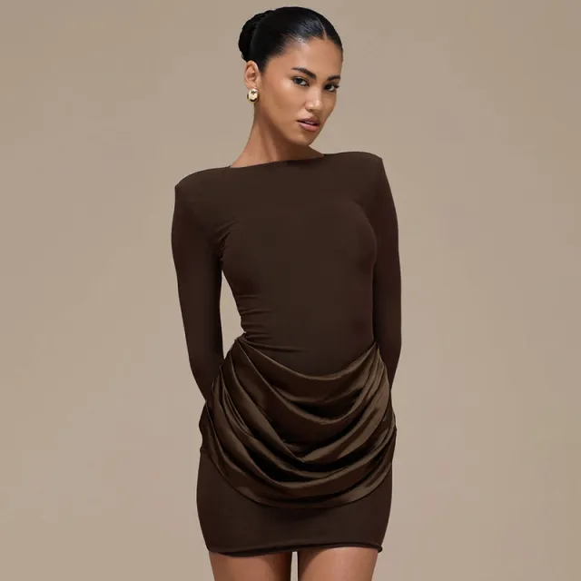 Casual Slim fit Crew neck Long sleeve Ruched Mini Dress Brown - Shop at LoveMi