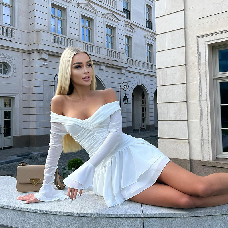 Long-sleeved High-waisted Figure-flattering Solid-color A-line Pleated Dress