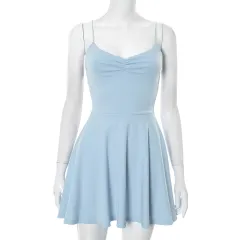 Solid Color V-neck Brace Waist A- Line Dress - Blue - View 1