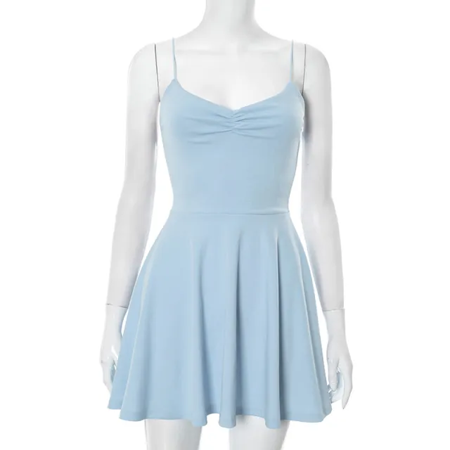 Solid Color V neck Brace Waist A Line Dress Blue - Shop at LoveMi