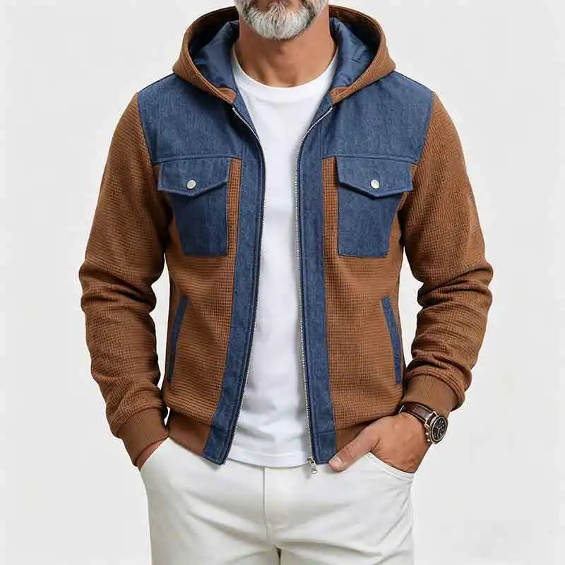 Mens Color-Block Hooded Jacket Workwear Coat Casual
