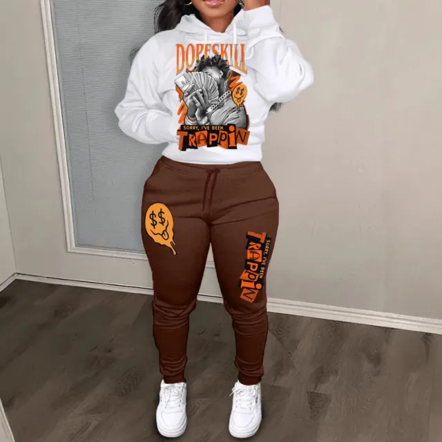 Autumn And Winter Letter Printing Color Block Hooded Sweatshirt Suit White Brown - Shop at LoveMi