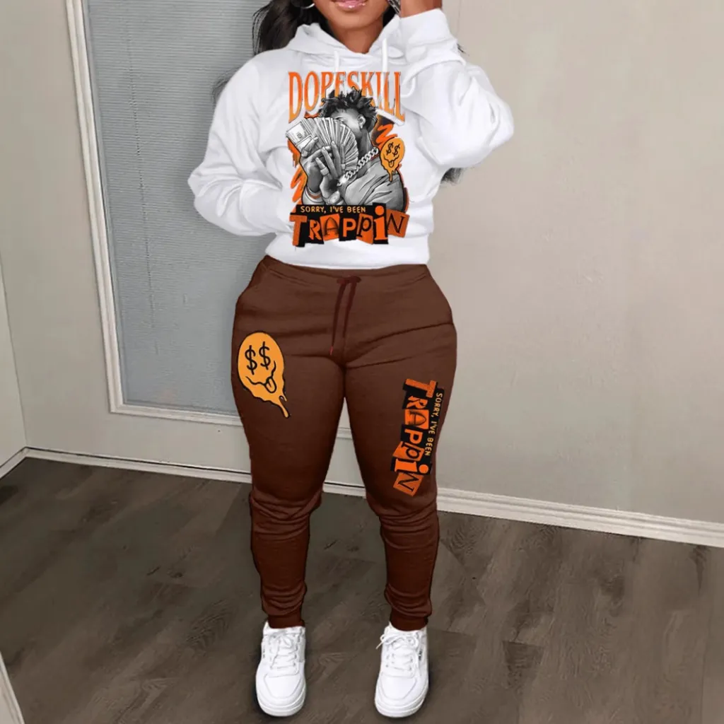 Autumn And Winter Letter Printing Colour Block Hooded Sweatshirt Suit - White Brown