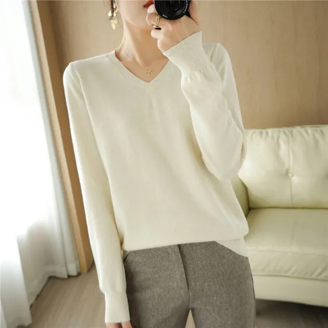 Women's Cotton Pullover Small V neck Basic Style Sweater Loose Beige - Shop at LoveMi