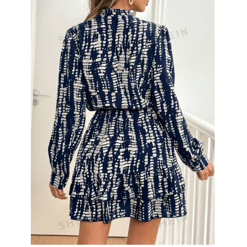 Fashion Printed Ruffled Long Sleeve Dress Women