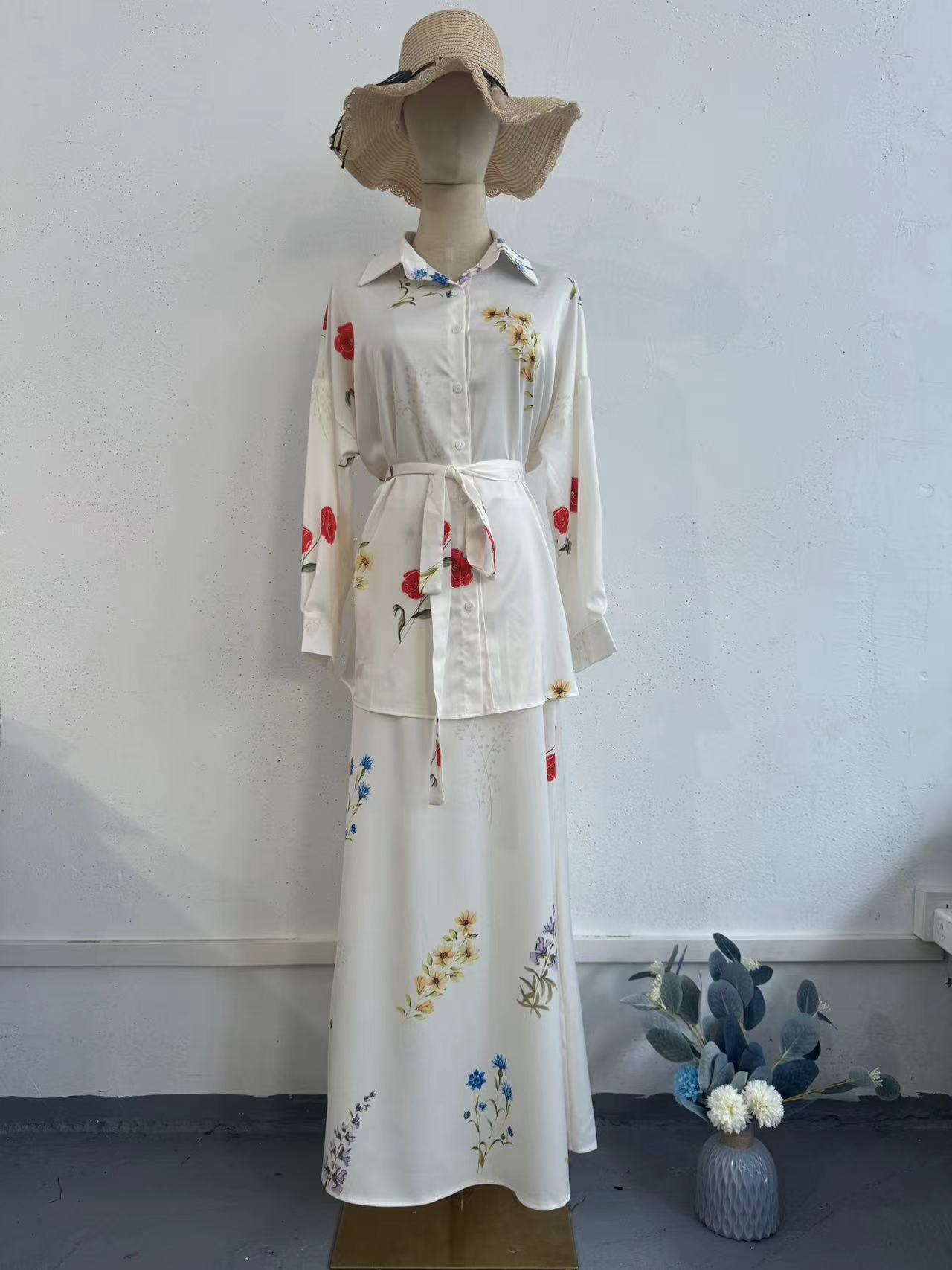 Lace up Flower Print Shirt & Casual Silky Dress Two piece Set Ivory White - Shop at LoveMi