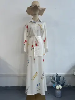 Lace-up Flower Print Shirt & Casual Silky Dress Two-piece Set - Ivory White - View 1