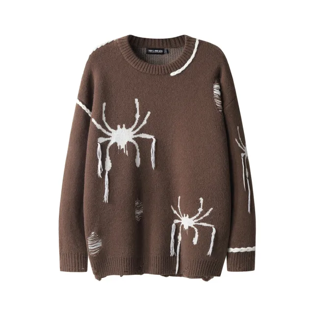 High Street Spider Jacquard Burr Contrast Color Rope Knitted Sweater Brown - Shop at LoveMi