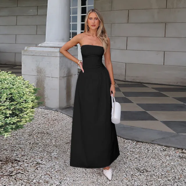 Tube Top Cinched Waist A Swing Backless Dress Black - Shop at LoveMi