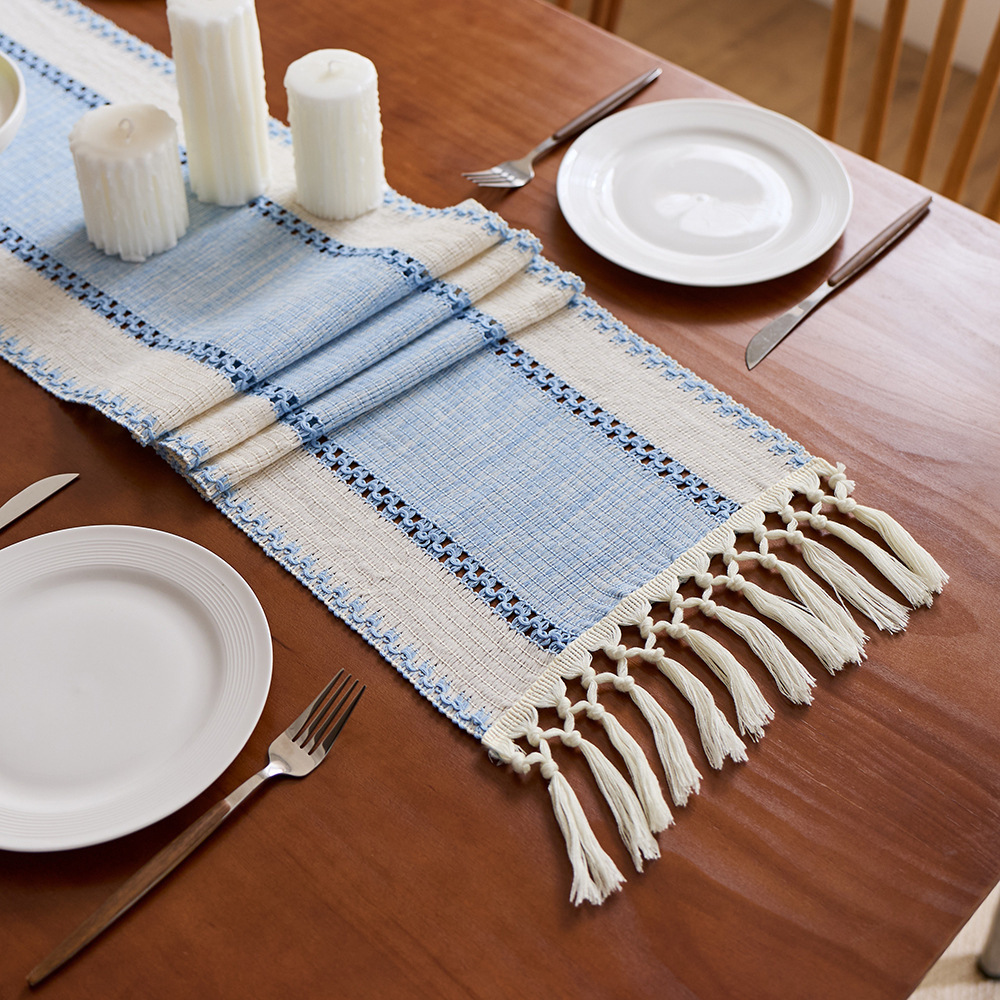 Cotton-linen Table Runner With Tassel Knots Fresh And Minimalist, Sage Green
